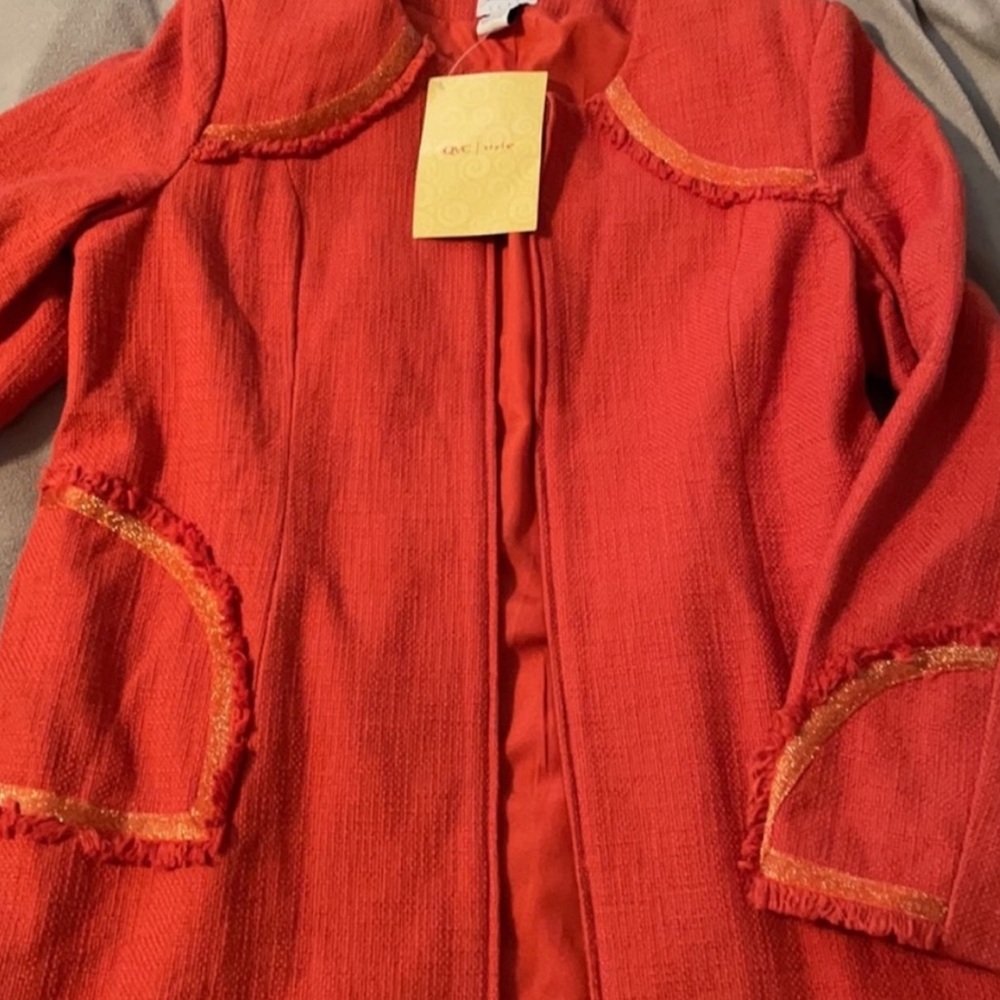 Paula Hian Embroidered Tweed Fringe Orange Jacket Large-NWT - Picture 7 of 8